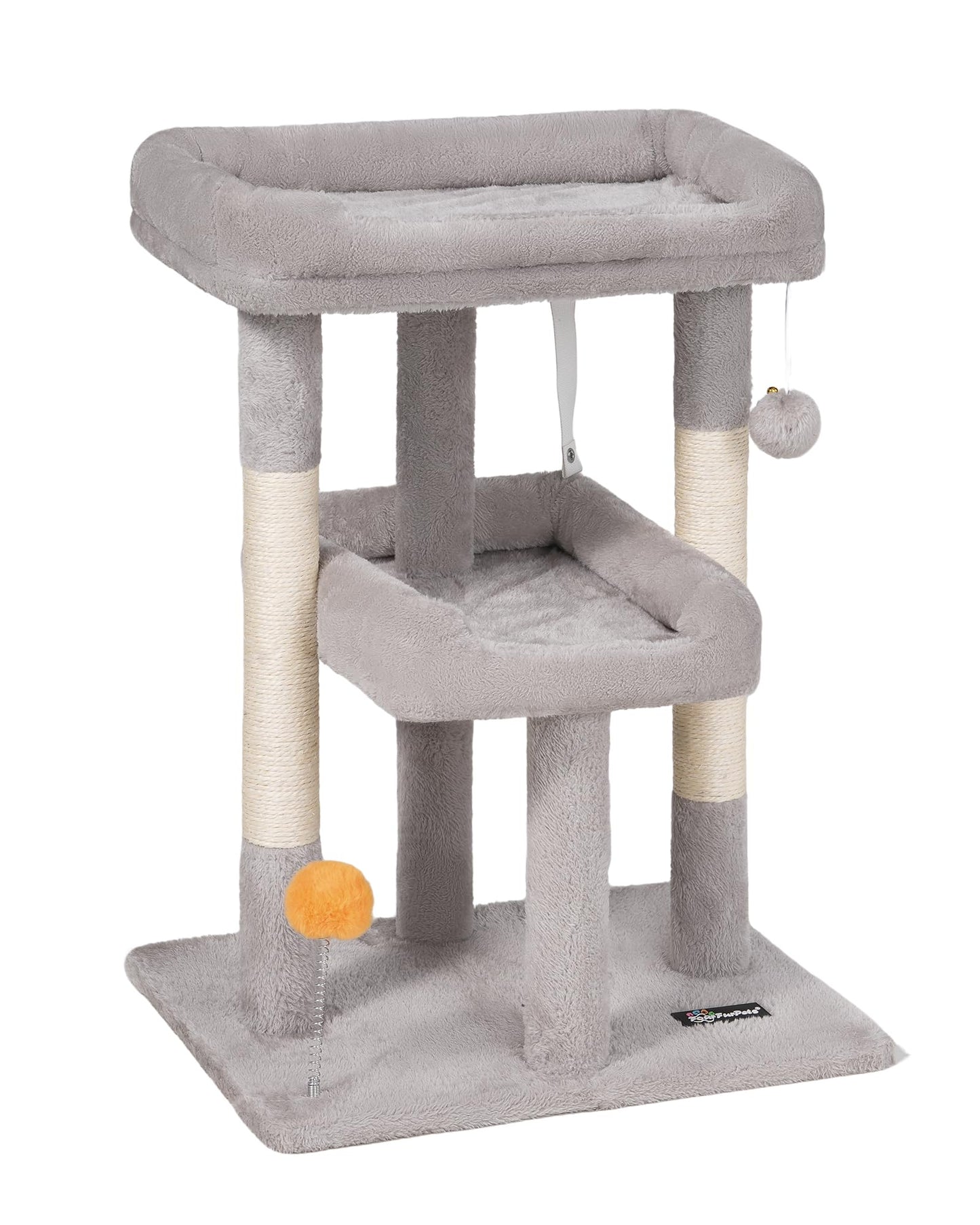 FourFurPets Small Cat Tree, Multi-Level Cat Tree for Indoor Cats, Cat Tower with Scratching Post, Cat Condo for Kittens,Toy Balls, 2 Soft Platform, Light Gray