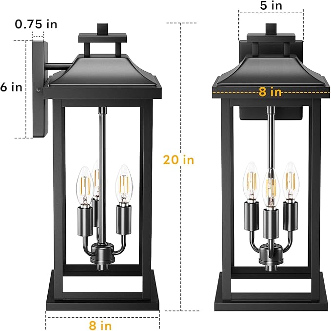 Large Outdoor Light 3-Light 20" Black Exterior Lighting Fixture, Modern Outside Wall Mounted Porch Sconce, Waterproof Patio Garage Garden Carriage Lantern Lamp for House E12, 1-Pack