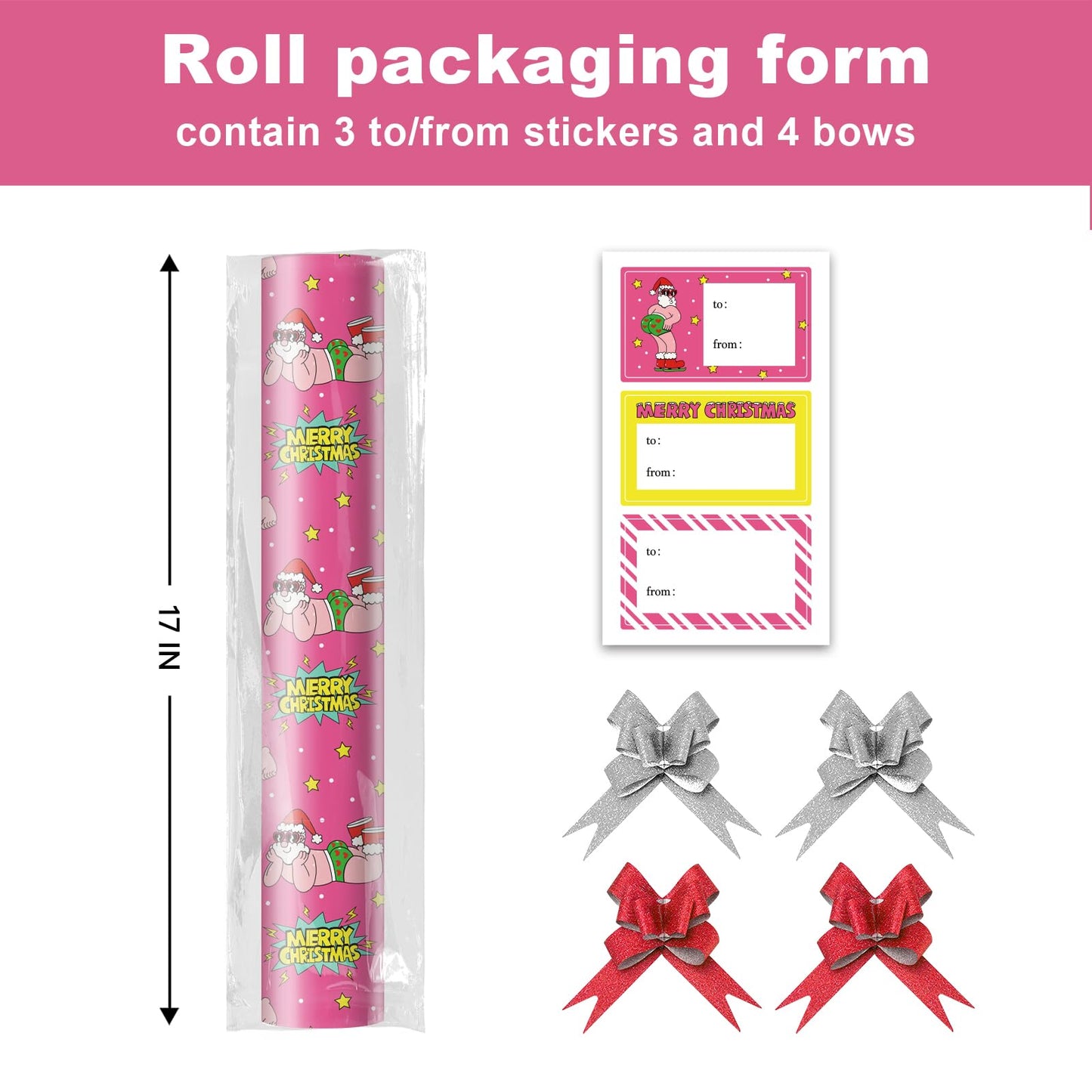 EWES Funny Christmas Wrapping Paper Pink Set Rolls Santa Claus For Kids Cute Reversible Cartoon Thick Gift Wrap Sheets Unique Heavy Duty Fun Total 28.5sq.ft