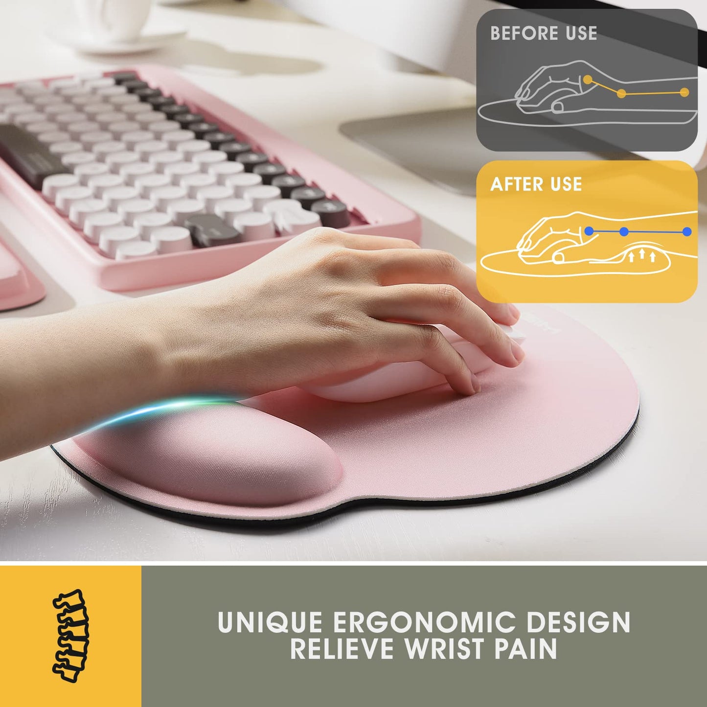 GIM Ergonomic Keyboard Wrist Rest and Mouse Pad with Wrist Support, Memory Foam Mouse Cushion Anti-Slip Computer Wrist Rest Pad for Comfortable Typing Wrist Pain Relief Keyboard Wrist Rest (Pink)