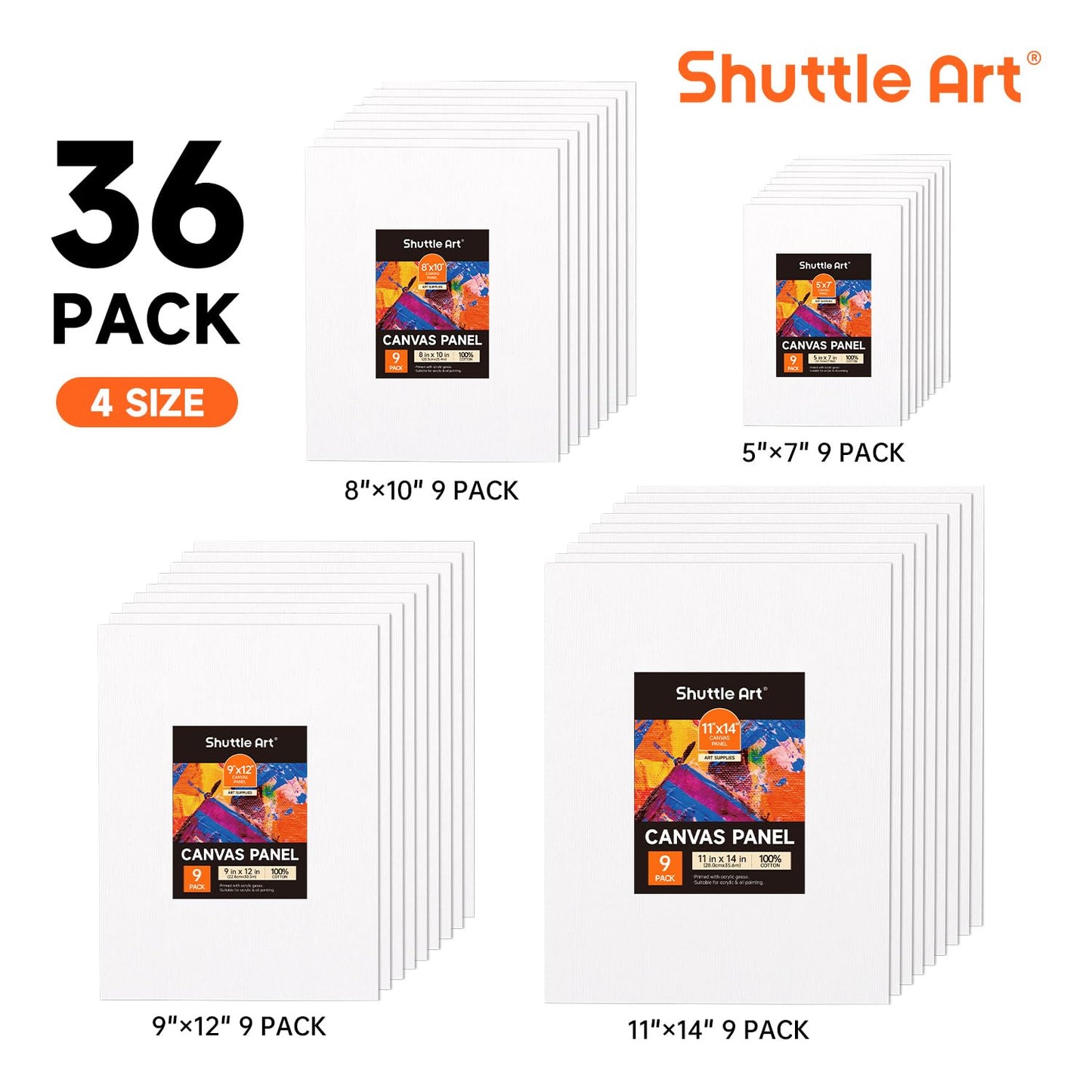Shuttle Art 36 Pack Canvas for Painting, Blank Canvas Multipack, 5x7, 8x10, 9x12, 11x14 inch (9 PCS of Each), 100% Cotton Primed White Painting Canvas Board for Kids Adults Acrylic Oil Painting