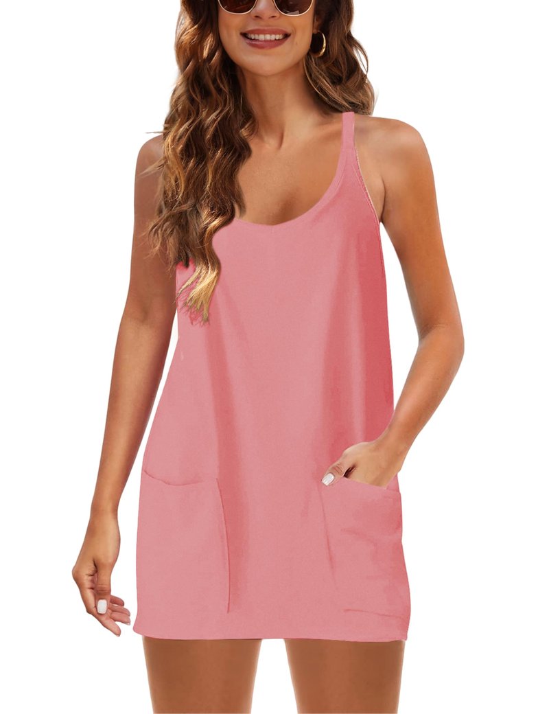 Lentta Womens Athletic Sleeveless Mini Dress with Built-in Shorts V Neck Spaghetti Strap Sundress(Coral-S)