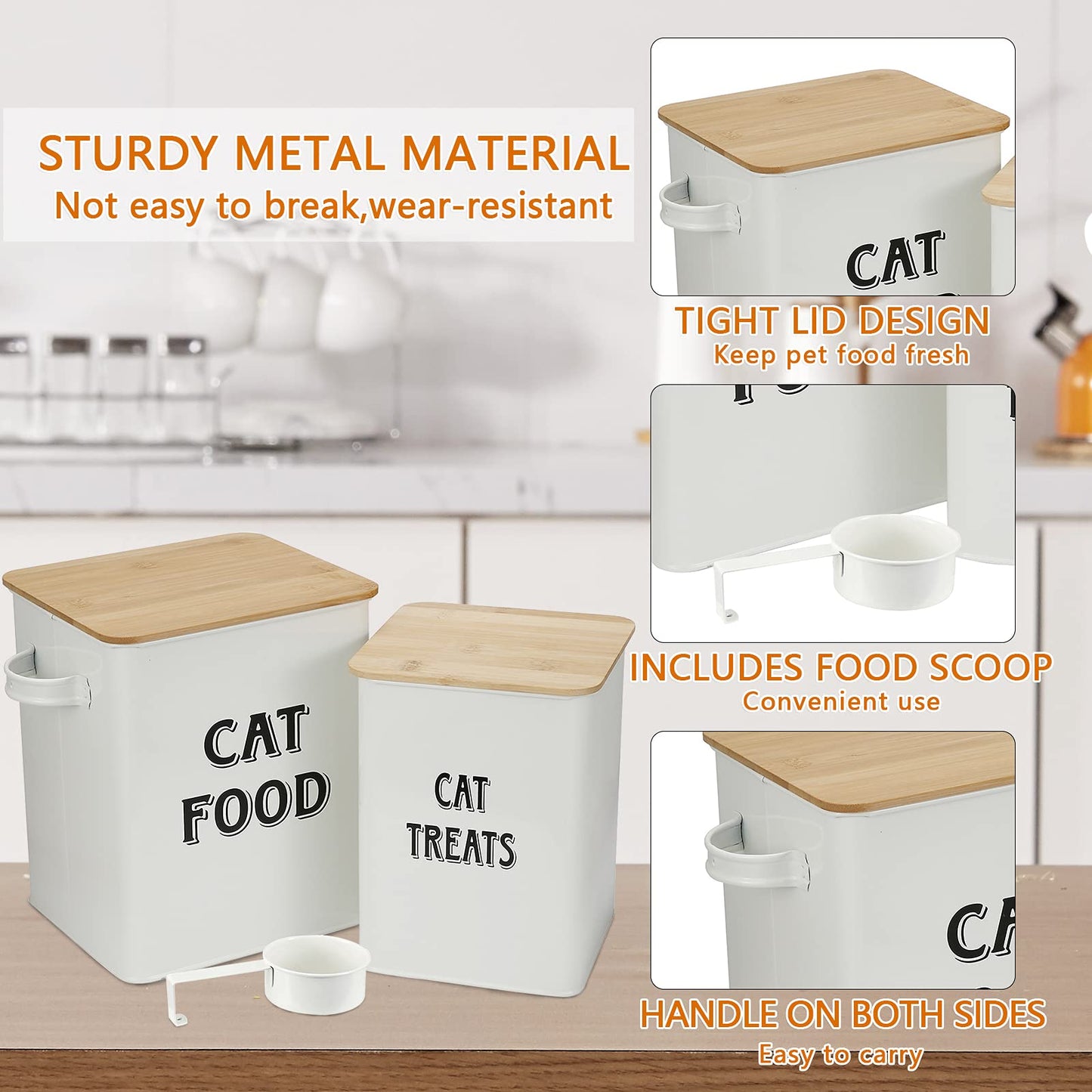 Cat Food and Treats Containers Set with Scoop for Cats or Dogs -Tight Fitting Wood Lids - Coated Carbon Steel - Storage Canister Tins-Cat-White