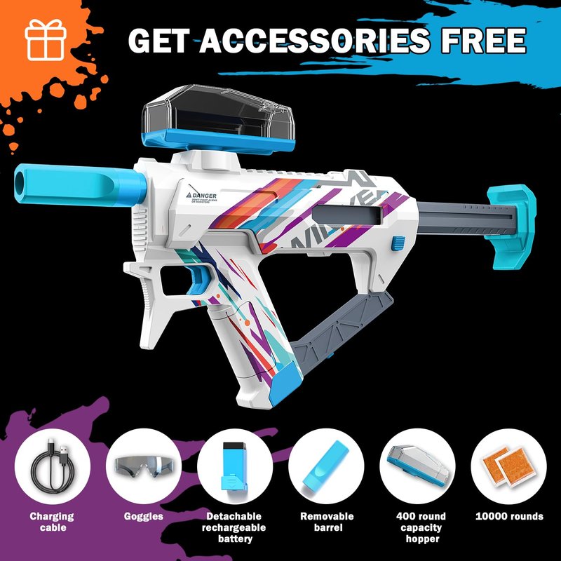 Electric Crystal Splatter, Automatic Splatter Ball Blaster with Adjustable Shooting Power,400 Round Hopper with Rechargeable Battery,Outside Activities Toys for Teens Age 14 & Up - White