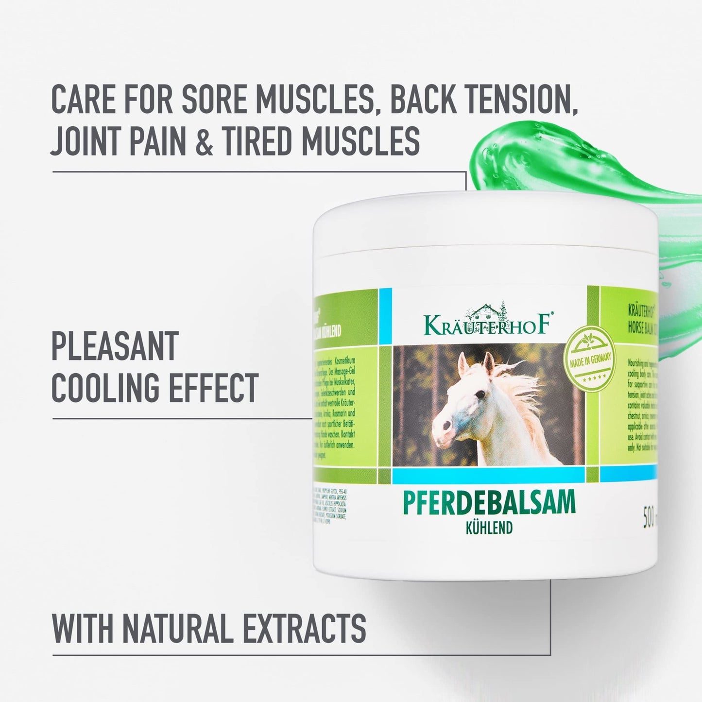 Kräuterhof Horse Balm Cools and Revitalises Precious Herbal Extracts from Horse Chestnut Arnica Rosemary and Mint Oil 500 ml Tub Sealed with Aluminum Foil