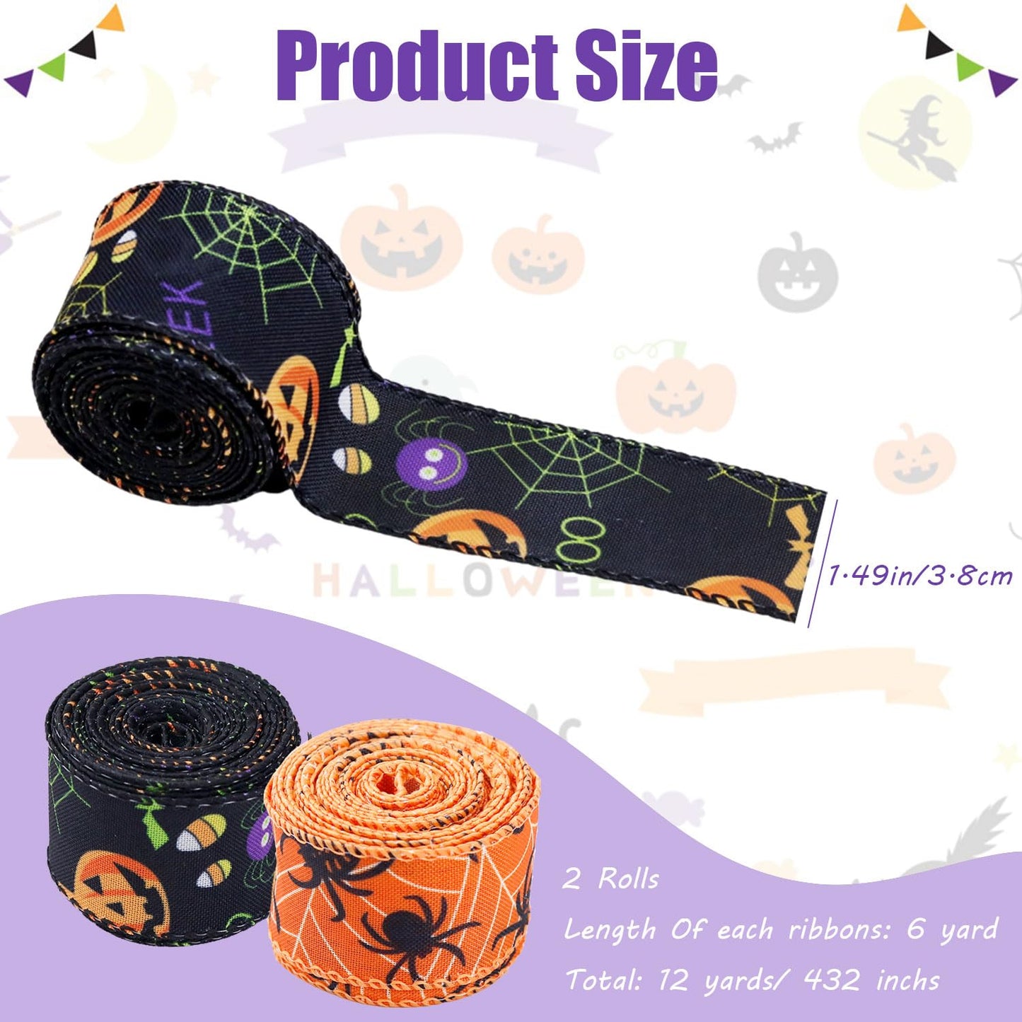 2 Rolls 12 Yards Wired Edge Ribbon - Skull Pumpkin Halloween Decorative Spider Web Printed Wrapping Ribbon for Party Wreath DIY Craft Floral Bow