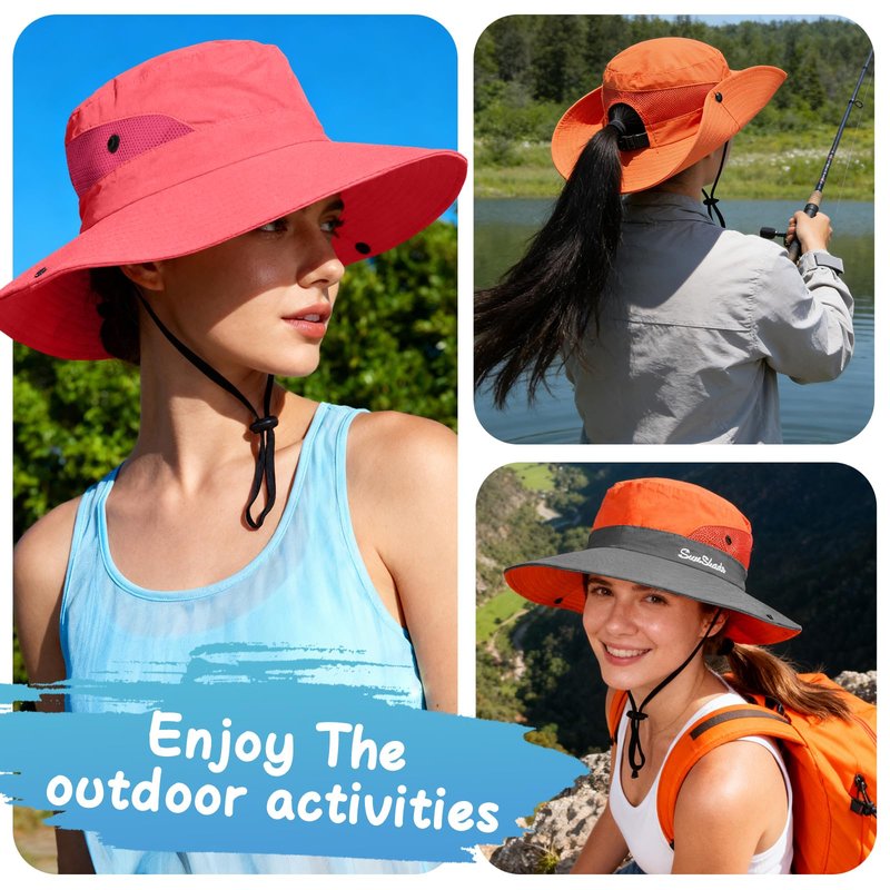 ZOORON 1 Pack Women's Ponytail Safari Sun Hat,Wide Brim UV Protection Outdoor Bucket Hat,Foldable Beach Summer Fishing Hat(red)