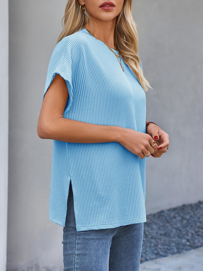 Tankaneo Womens Oversized Short Cap Sleeve Tunic Tops Summer Casual Textured Ribbed Knit T-Shirts Loose Fit Tees Sky Blue