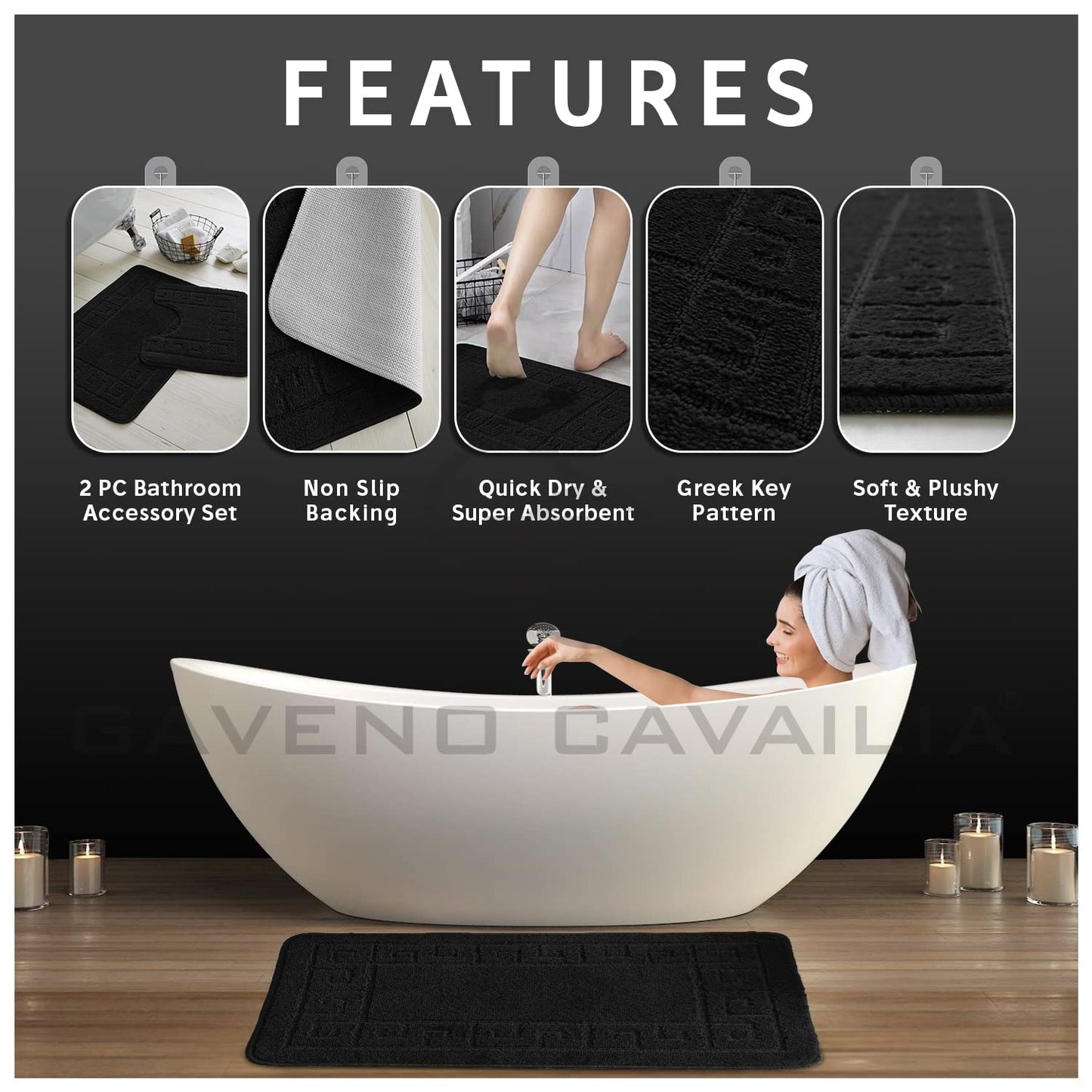 GC GAVENO CAVAILIA Greek Key Pattern Bath Mats 2 Piece Sets Non Slip, Soft Washable Rug Quick Dry Water Absorbent Bathroom Shower Mat & Pedestal Set, Black