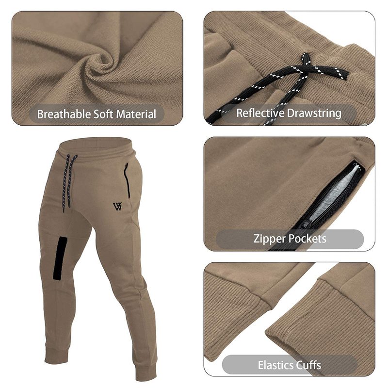 ZENWILL Mens Tapered Workout Running Pants,Gym Jogger Training Sweatpants Slim Fit with Zip Pockets (Medium, Beige)