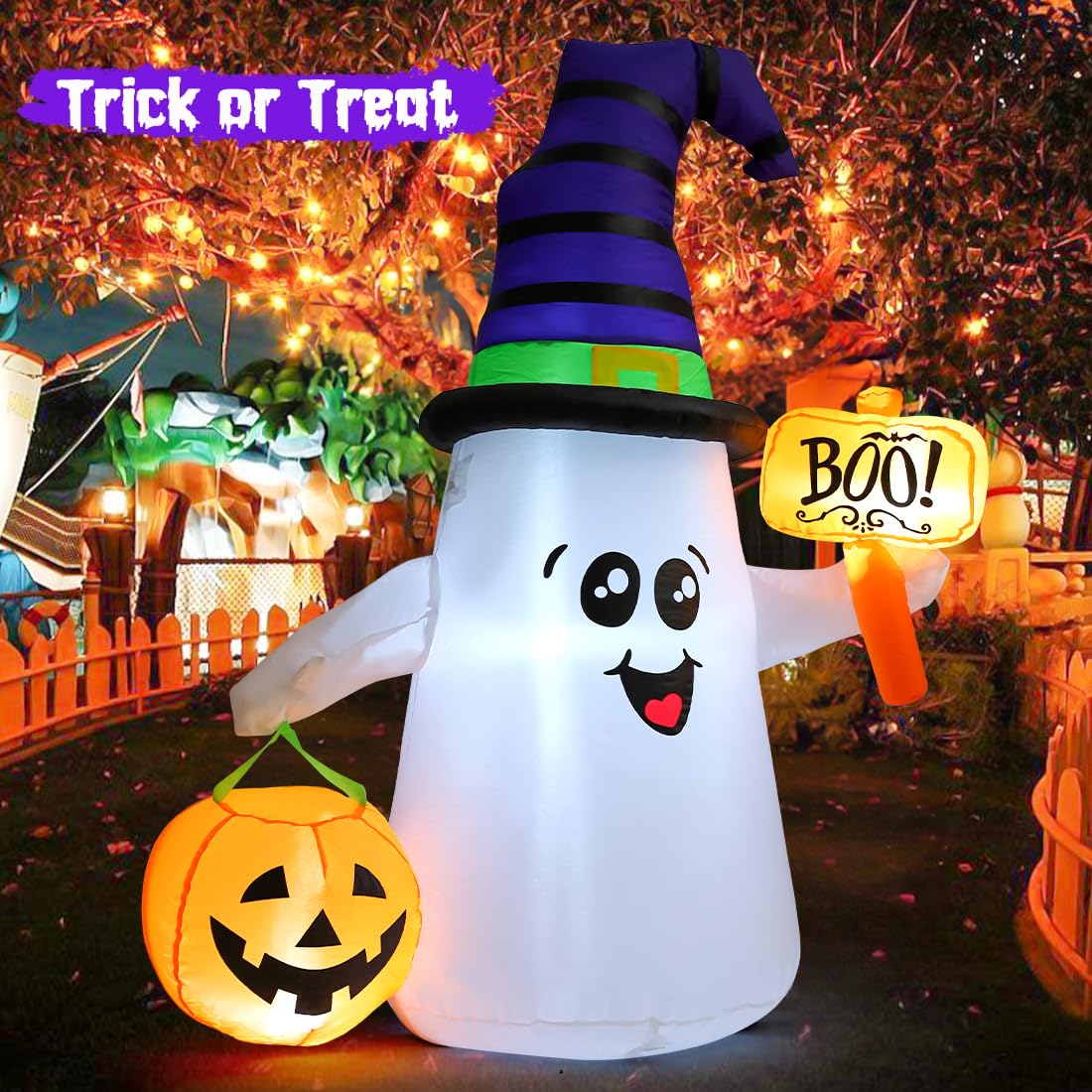 GOOSH 5 FT Halloween Inflatables Ghost Outdoor Decorations Blow Up Yard Cute Wizard Ghost with Pumpkin with Built-in LEDs for Garden Lawn Indoor Party Holiday Decor