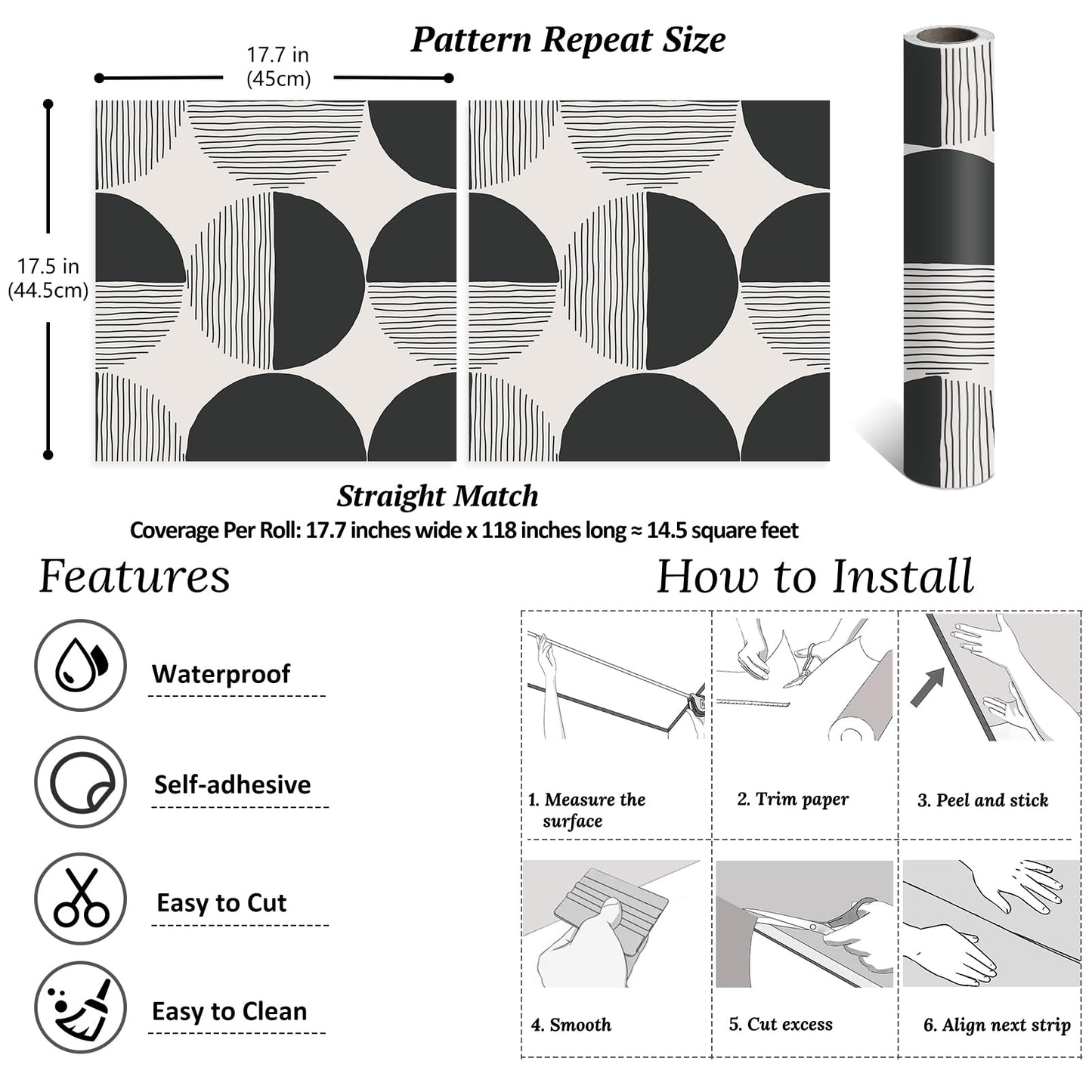 VEELIKE Abstract Circle Geometric Peel and Stick Wallpaper Modern Black Mid Century Wallpaper for Bedroom 17.7''x118'' Self Adhesive Geometric Wall Paper Removable Contact Paper for Cabinets Walls