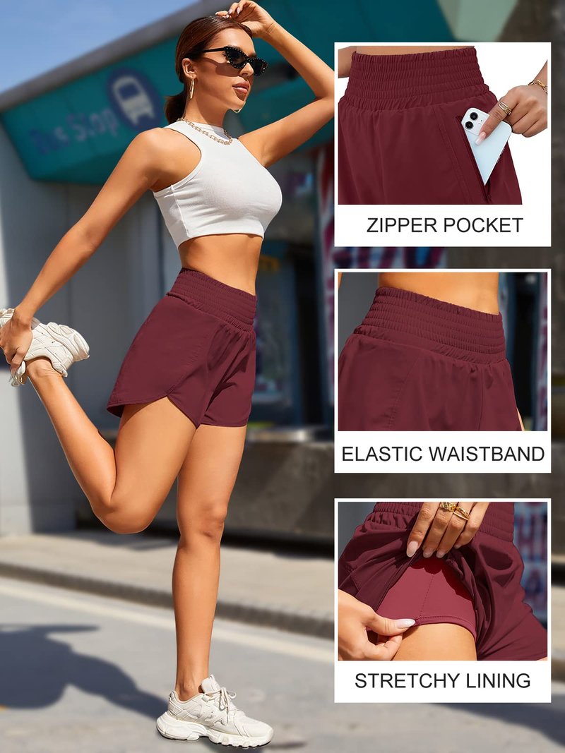 BMJL Women's Athletic Shorts High Waisted Running Short Pocket 2.5" Sporty Shorts Gym Elastic Workout Shorts(XL,Wine Red)
