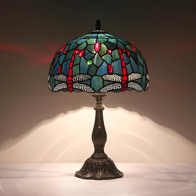 Tiffany Table Lamp Stained Glass Bedside Table Lamp Desk Reading Light 12 Inches Bedroom Living Room Home Office Decor Lamp(Red Dragonfly)
