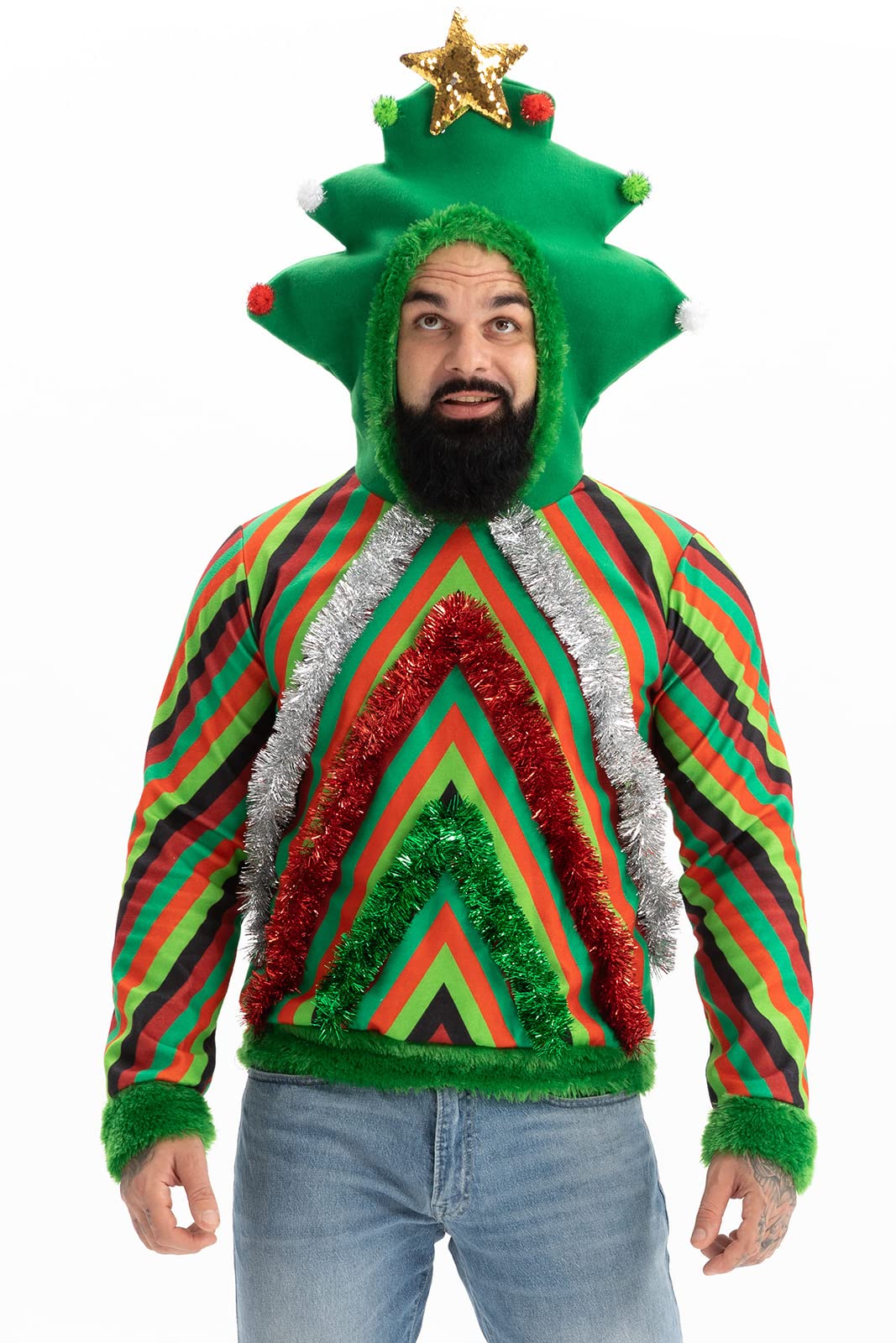 Women Ugly Christmas Hoodie for Adult Men`s Unisex Xmas Hooded Sweater Pullover for Party Festive Tinsel Rocks Medium