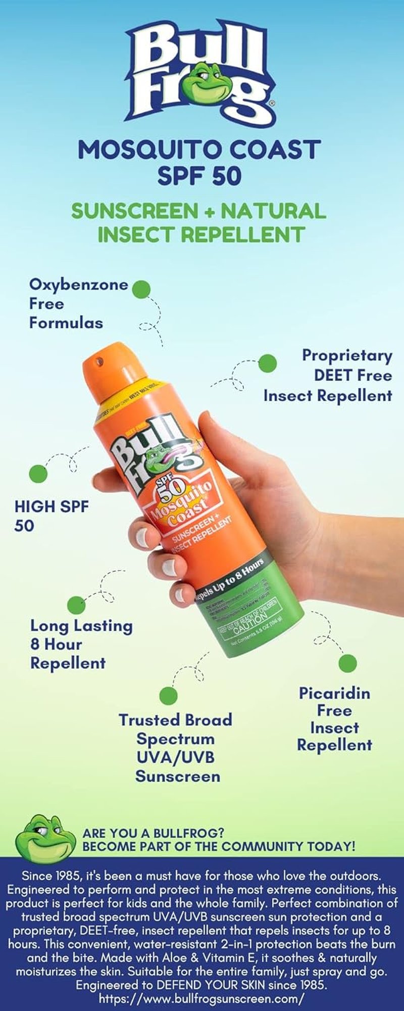 Bullfrog Mosquito Coast Bug Spray | Insect Repellent & Sunscreen SPF 50 - 5.5oz Continuous Spray