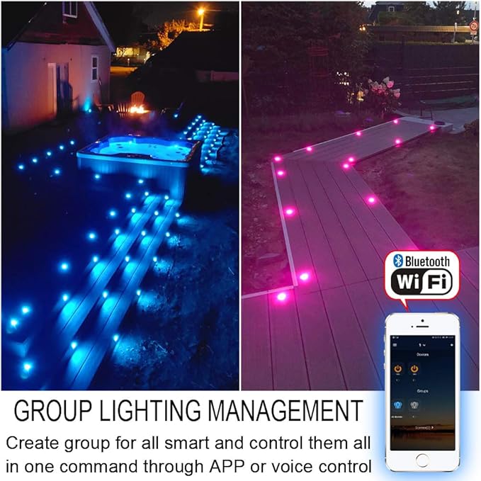 Smart LED Deck Light Kits - 30 Pack of 1.22" Low Voltage Recessed RGB Deck Lights IP67 Waterproof for Outdoor Landscape Lighting on Steps, Floors, Yard & Pathways, Work with Alexa & Google Assistant