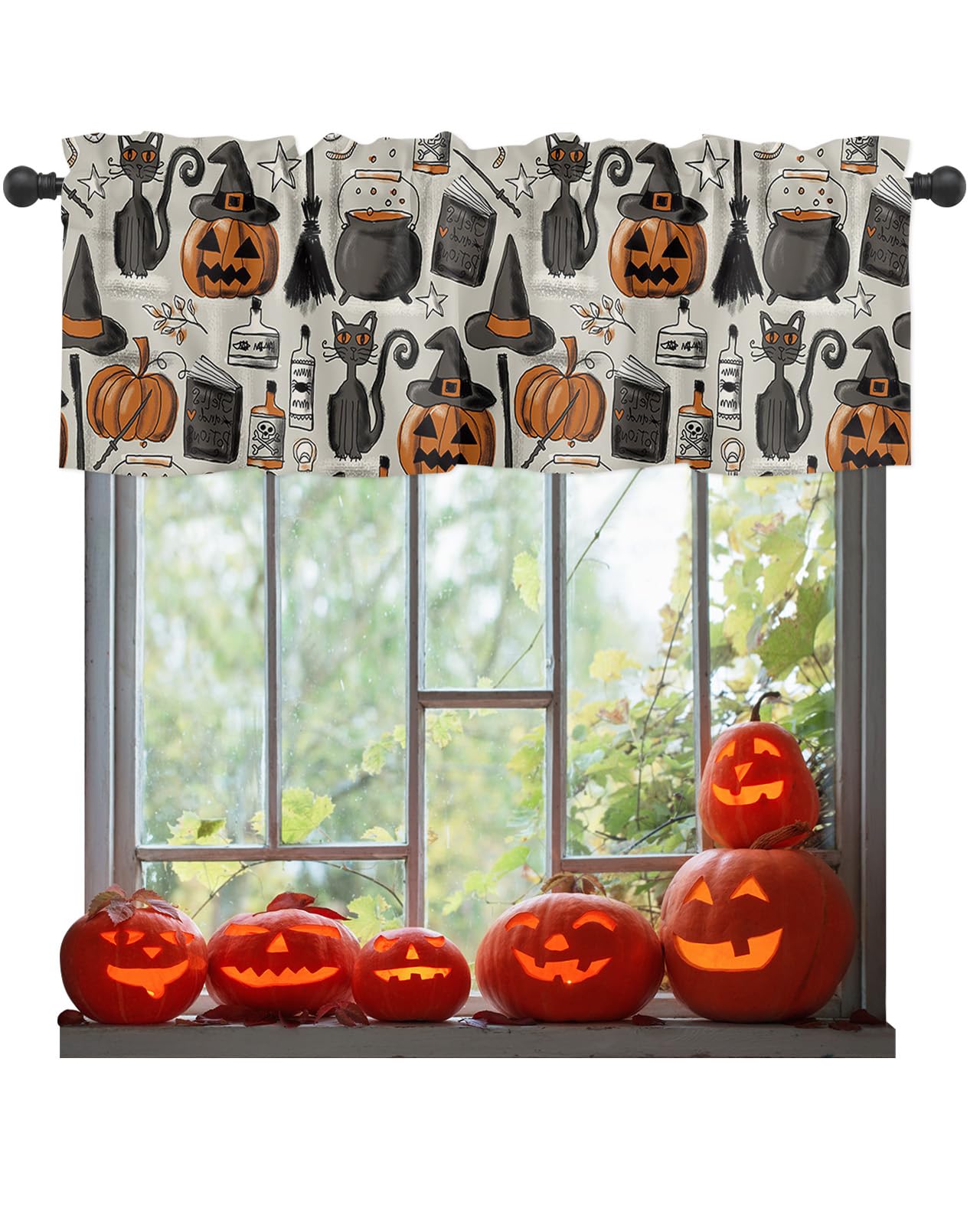 ALAGEO Halloween Valances Windows Curtain Pumpkin with Witch Hat Kitchen Valances Rod Pocket Black Cat Retro Style Short Topper Curtains for Kitchen Bathroom Living Room 1 Panel,54 by 18 inches