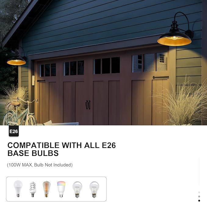 Dusk to Dawn Sensor Outdoor Barn Light Fixtures, 16 Inch Dome Farmhouse Outdoor Wall Sconces, Rustic Gooseneck Exterior Wall Mount Lights, Industrial Black Gold Wall Lanterns for Porch, 2 Pack
