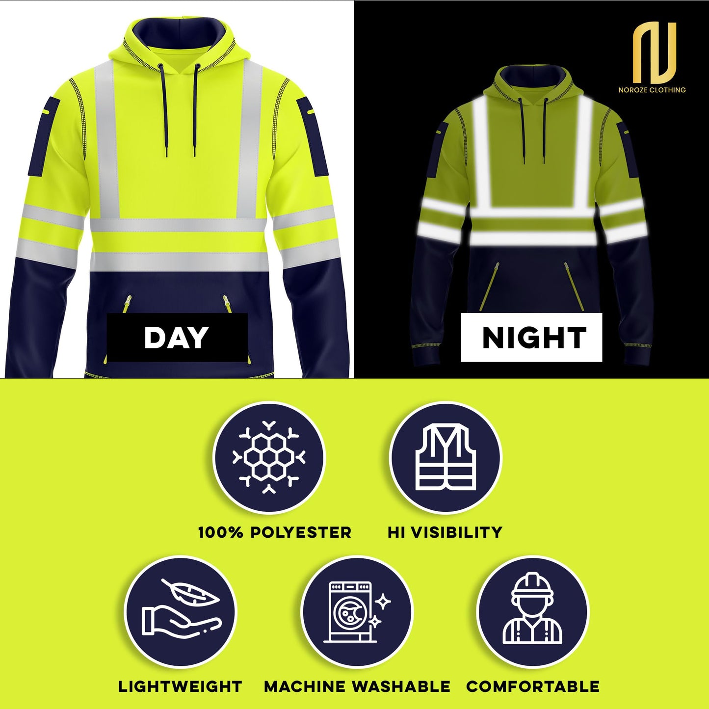 NOROZE Mens Hi Vis Hoodie with Reflective Tape, Pullover High Vis Hoodie for Safety Workwearโ 4 Utility Zipped Pockets, Work Hoodies for Men, High Visibility Hooded (M, Style 1: Neon Green/Navy)