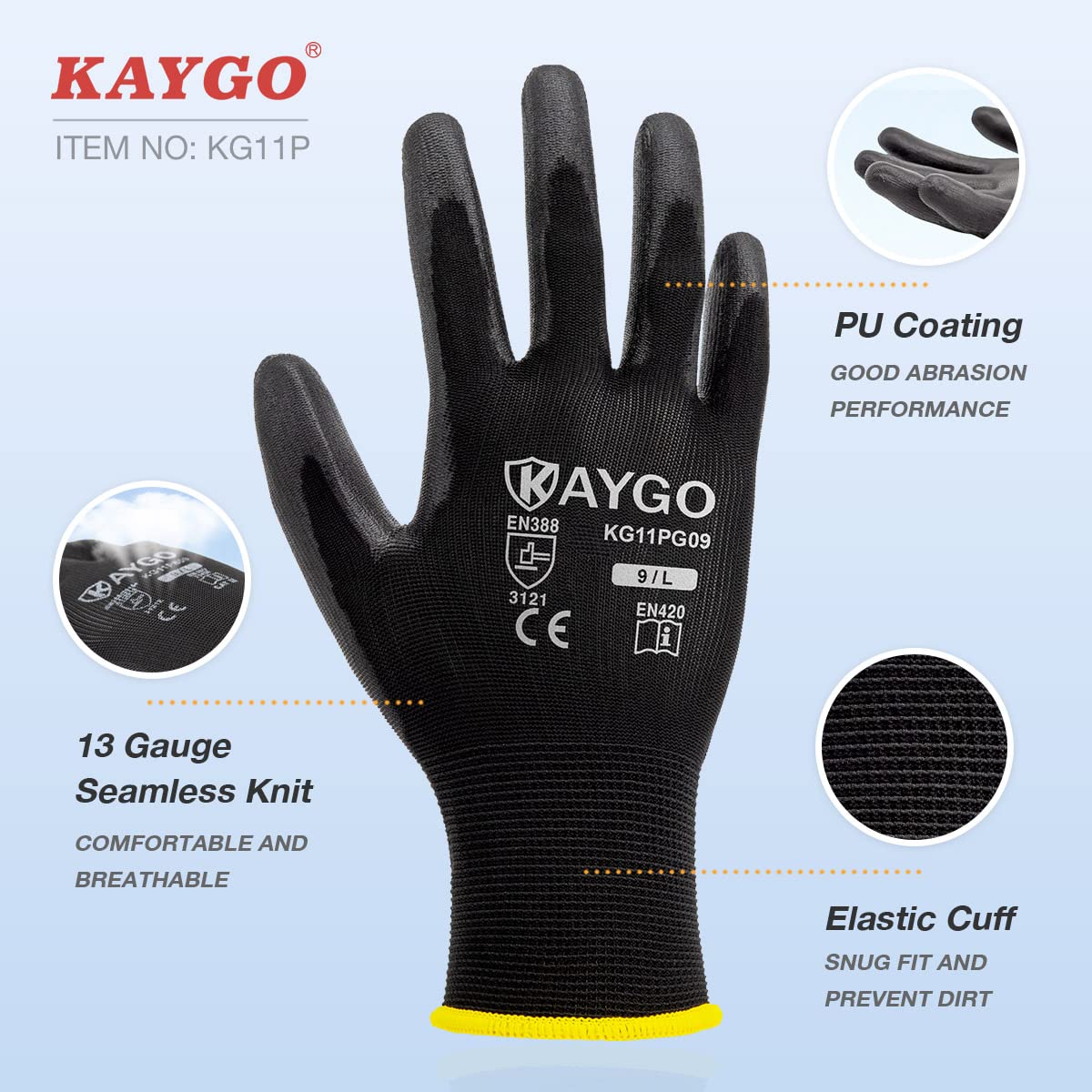 KAYGO Work Gloves PU Coated-12 Pairs, KG11PB, Black Safety Working Gloves with Secure Grip on Palm & Fingers, for Men and Women, Ideal for General Duty Work, Gardening(Large, Black)