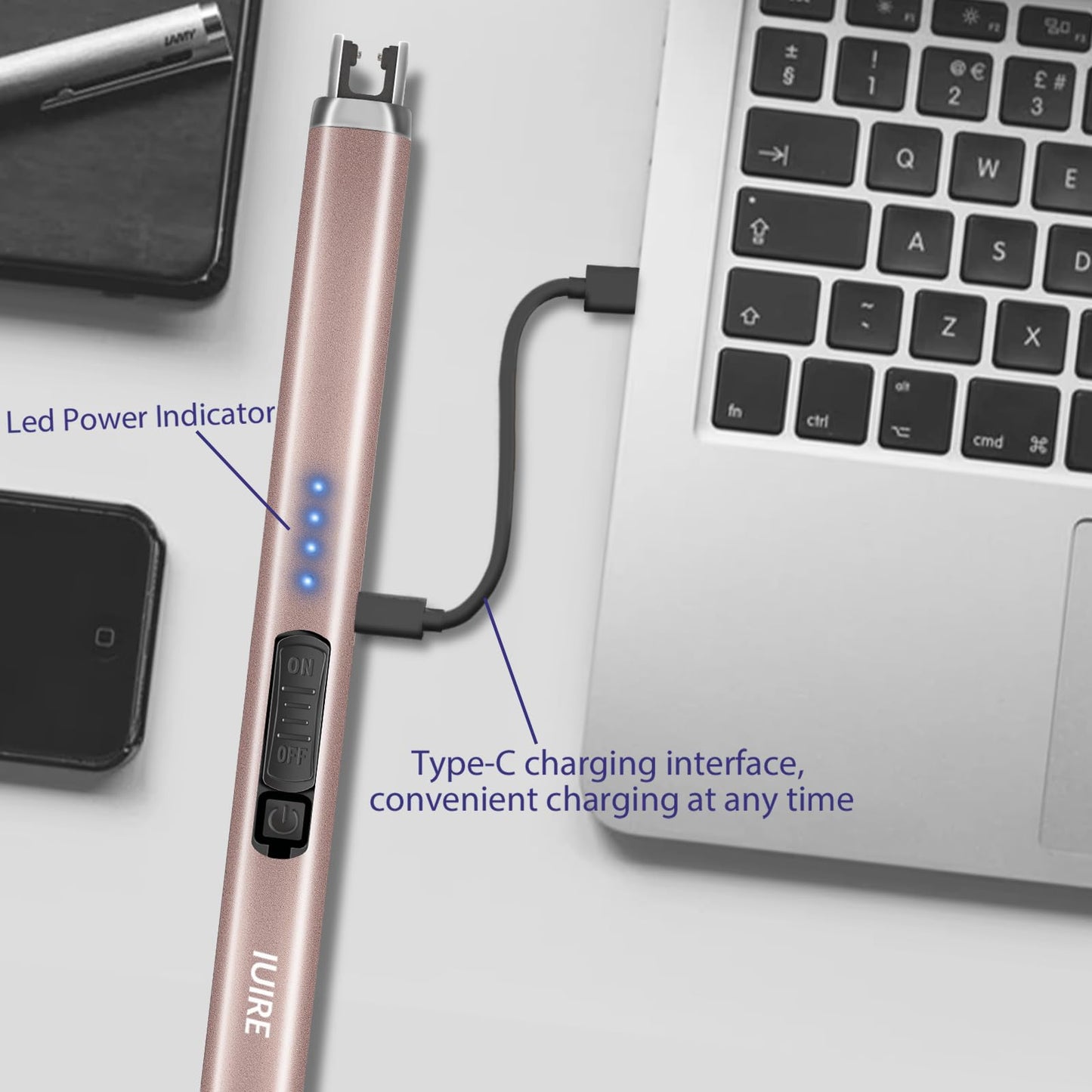 IUIRE Candle Lighters Electronic Arc Windproof Flameless USB Rechargeable Lighter (2 Pack - Black&Rose Gold)