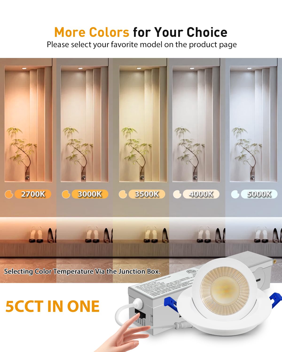 Adetu 2 Inch 5CCT Gimbal Led Recessed Lighting with Junction Box, 360°+90° Adjustable Recessed Can Lights, 2700K/3000K/3500K/4000K/5000K Selectable, 5W Eqv 50W, 550LM Brightness - ETL (White,12 Pack)