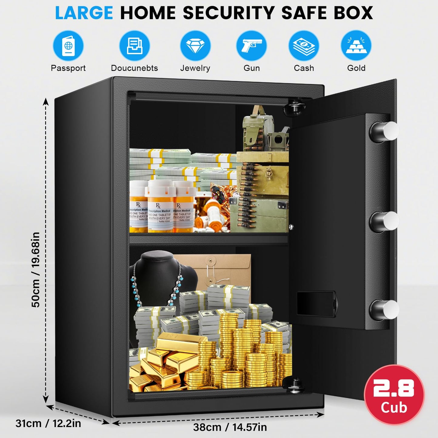3.4 Cub Large Home Safe Fireproof Waterproof, Anti-theft Fireproof Safe Box with Digital Keypad, Spare Keys and Alarm System, Fire Safes for Home Document Money Valuables