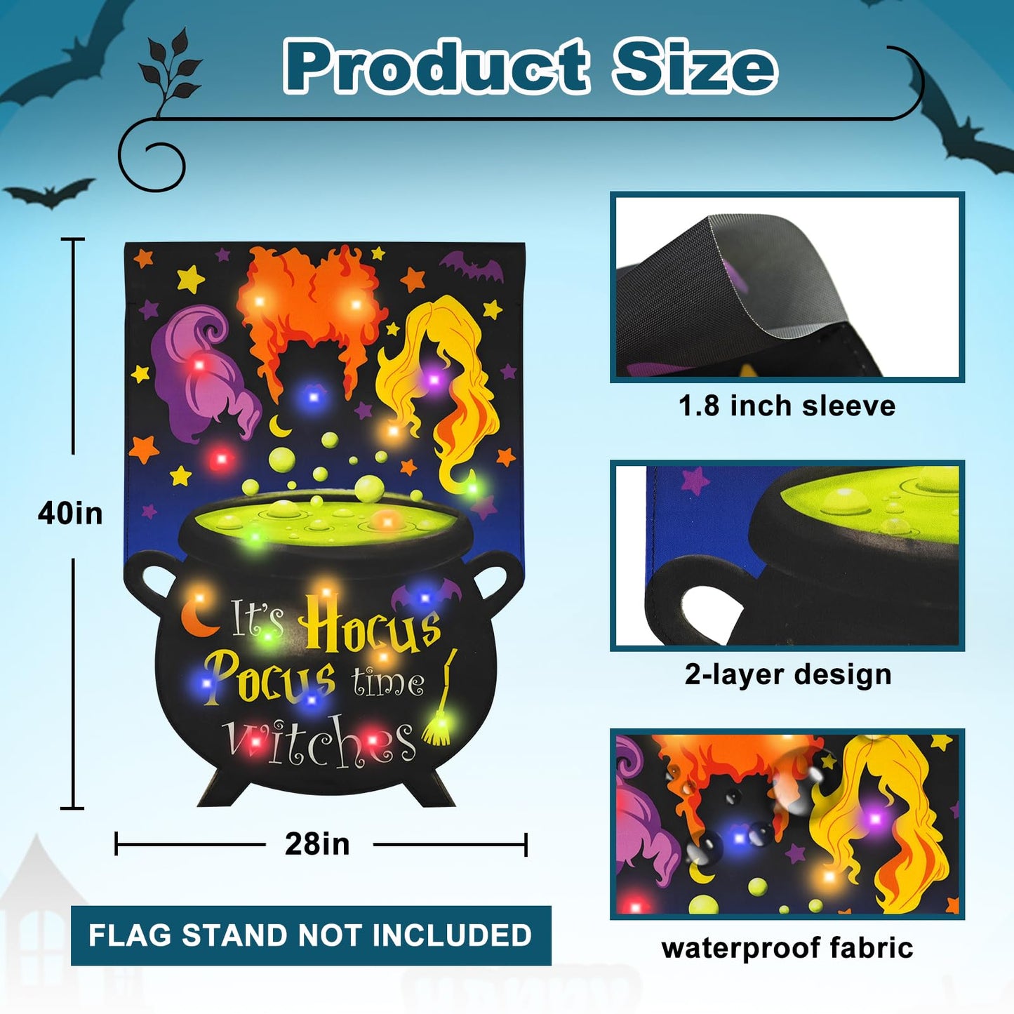 Solar Halloween Lighted Garden Flag for Outside It's Hocus Pocus Time Witches Flags for Patio Lawn Outside Halloween Decorations Garden Decor (12 * 18)