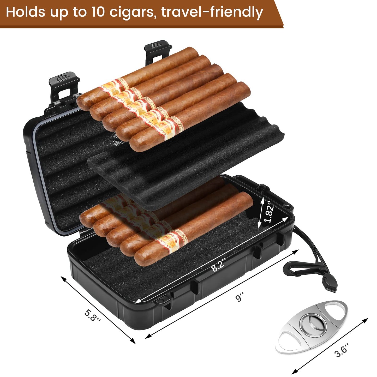 Flauno Travel Cigar Humidor Case - Portable Cigar Box with Humidifier Disc & Cigar Cutter | Waterproof | Airtight | Durable (Holds up to 10 Cigars)