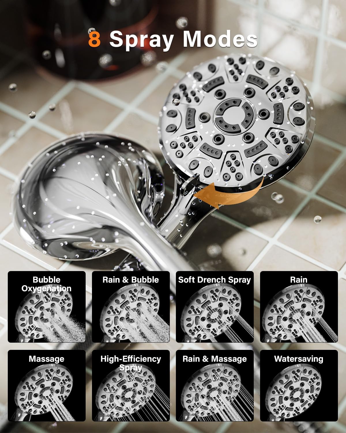 Cobbe Shower Head with Hose, High Pressure Shower Heads with 8 Spray Modes, Universal Bathroom Water Saving Shower Head Set, Large Powerful Flow Rain Showerhead for Low Water Pressure