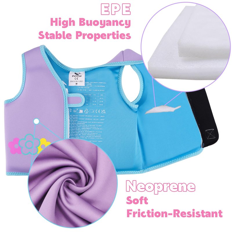 Pottwal Swim Vest for Kids - Swim Jacket for 1-2 Years (24-33LBS) - Puddle Jumper with Adjustable Crotch Strap - Made of Neoprene & EPE - Purple