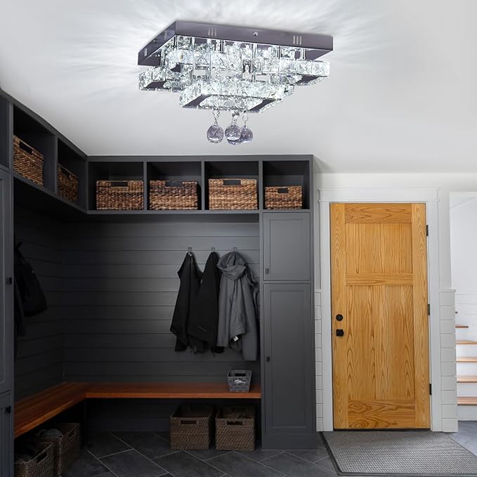 CXGLEAMING 11.8" Modern Crystal Chandelier LED Ceiling Light Fixture Suitable for Kitchen Corridor Hallway Bedroom Bathroom Dining Room 4 Petals/Raindrop Ball Square Wall Switch (White Light)