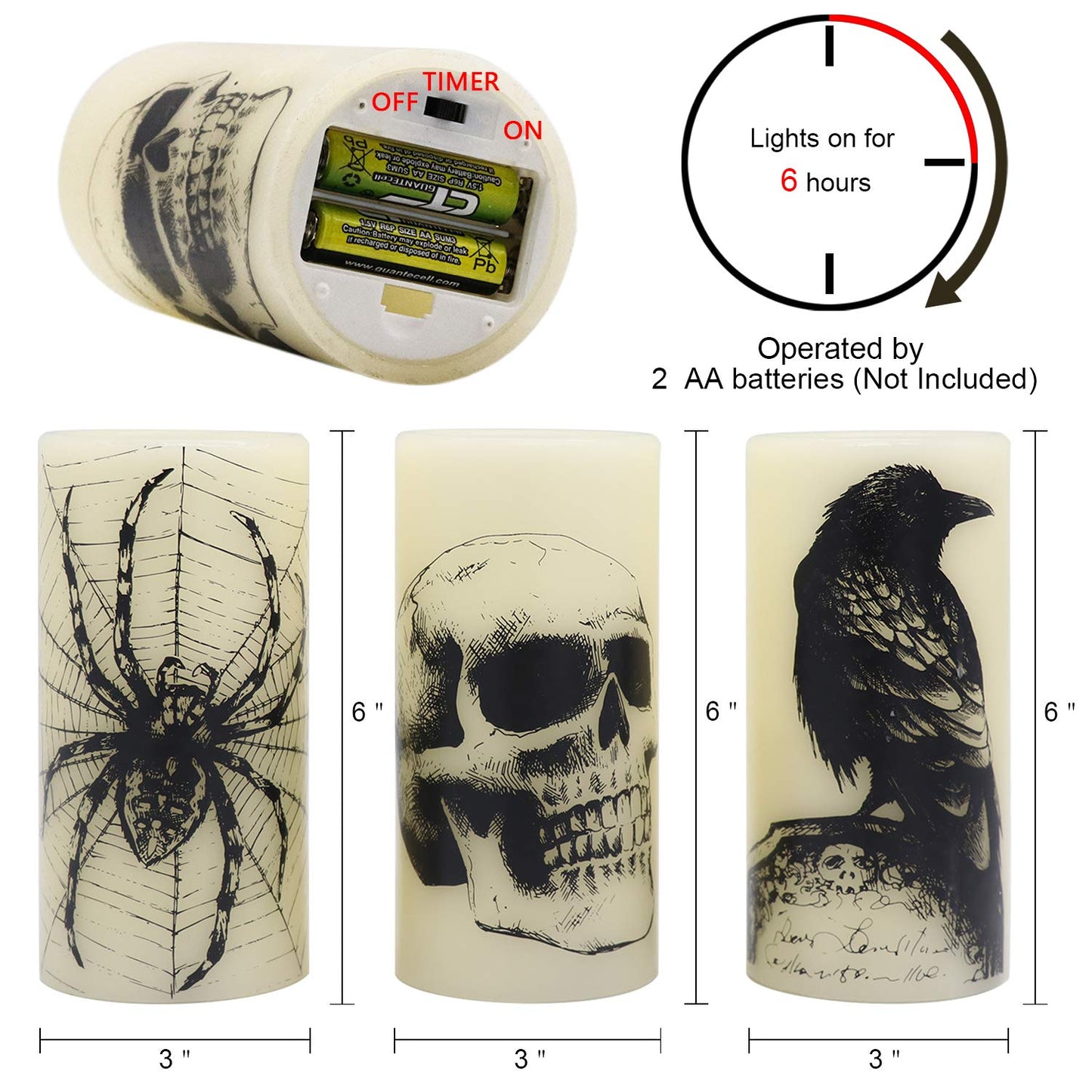 Eldnacele Halloween LED Flameless Flickering Candles Battery Operated with 6H Timer Skull Spider Web Crow Raven Spooky Decals Halloween Themed Indoor Decoration(3 Pack, D3 x H6)