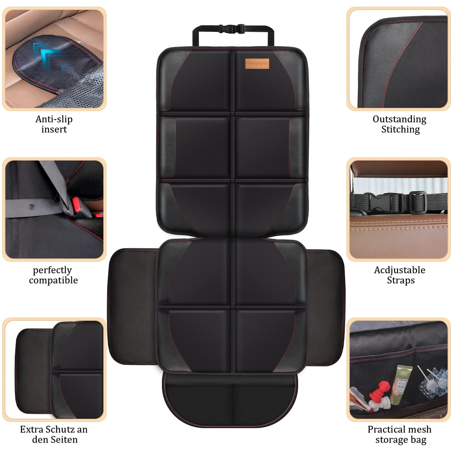 Bacgnyer Car Seat Protector, Child Seat Protection, 600D Waterproof Non-Slip Fabric Thick Padding with 2 Mesh Storage Pockets, Baby Seat Protectors Under Carseat (Black Red Line, 2)