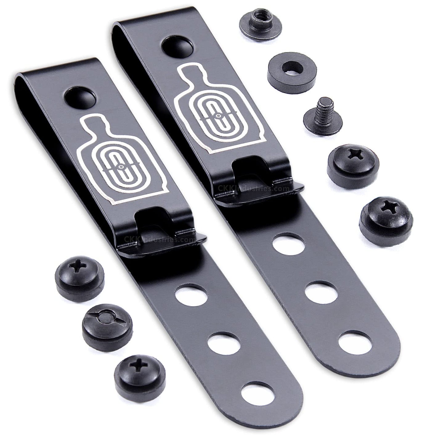 HolsterSmith Universal Metal Belt Clip for Holster Making - (Model 5) - (3-Hole) - (Tactical Black) - (w/Silhouette Target Engraving) - (w/Mounting Hardware) - (2 Pack)