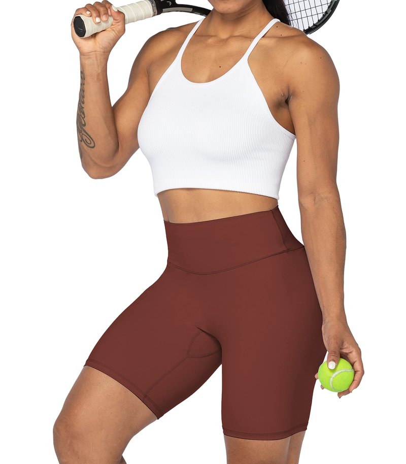 Sunzel 8" High Waist Biker Shorts for Women No Front Seam Soft Yoga Workout Gym Bike Shorts Tummy Control Squat Proof Wine Red