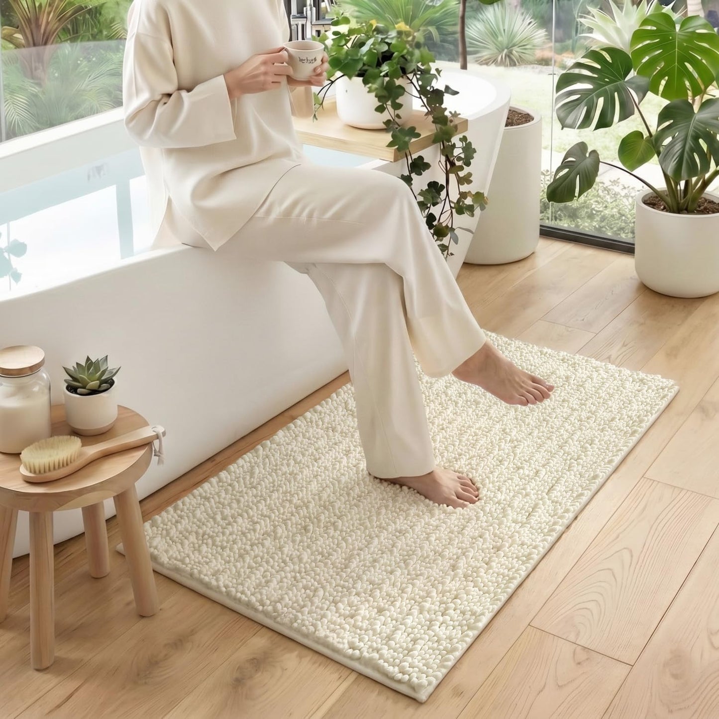 DEXI Bathroom Rugs 24x16, Super Soft Thick Chenille Absorbent Bath Mat, Non Slip Machine Washable Fluffy Shag Bathmat for Tub, Shower Floor, Ivory
