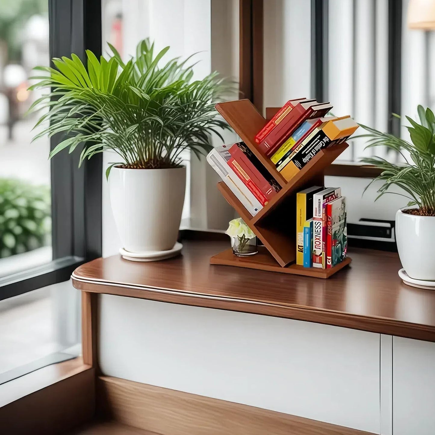 Godferyxin Tree Bookshelf,Desktop Book Shelf,3 Tier Wood Mini Bookshelf and Book Tree for Office, Home or School Desk Book Shelf for for Displaying Books, CDs, Magazines Wood Storage Rack