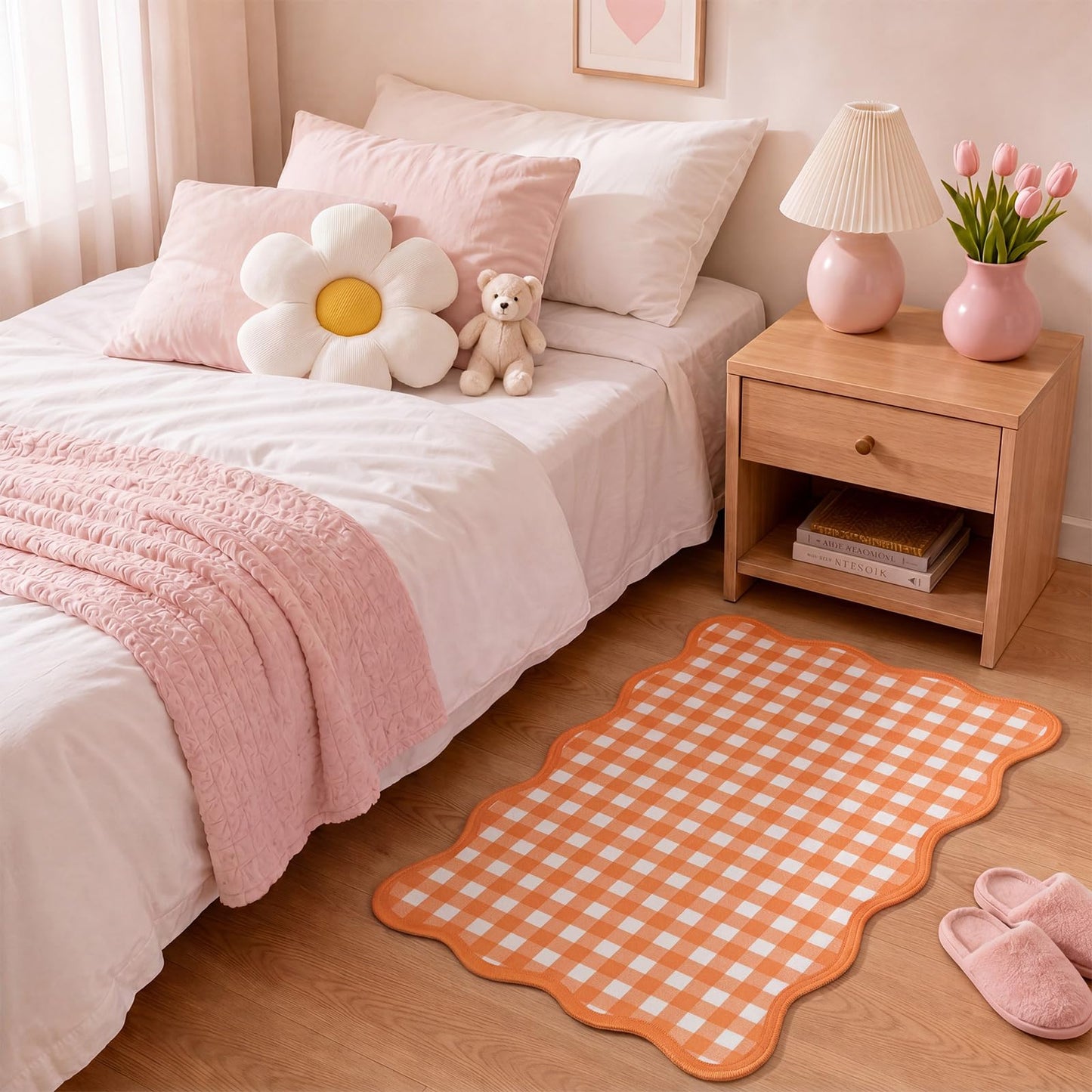 Breling Orange and White Scalloped Plaid Entryway Rug 16.5 x 27.5 Buffalo Checkered Indoor Mat Washable Non-Slip Gingham Door Rug for Entryway Entrance Bedroom Kitchen Living Room Decor
