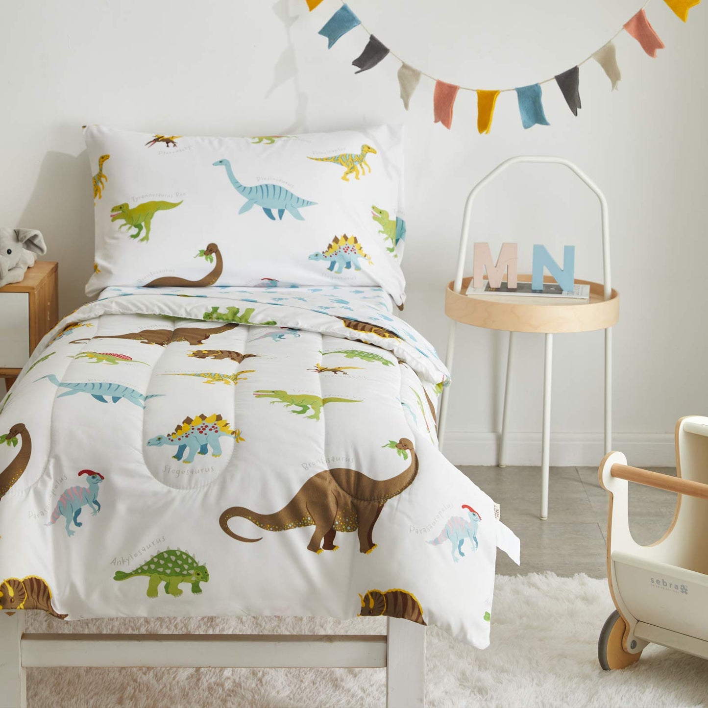 4 Pieces Toddler Bedding Set Dinosaur White with Colorful Dinos and Monsters Toddler Comforter Sheet Set for Autumu and Winter Includes Comforter, Flat Sheet, Fitted Sheet and Pillowcase