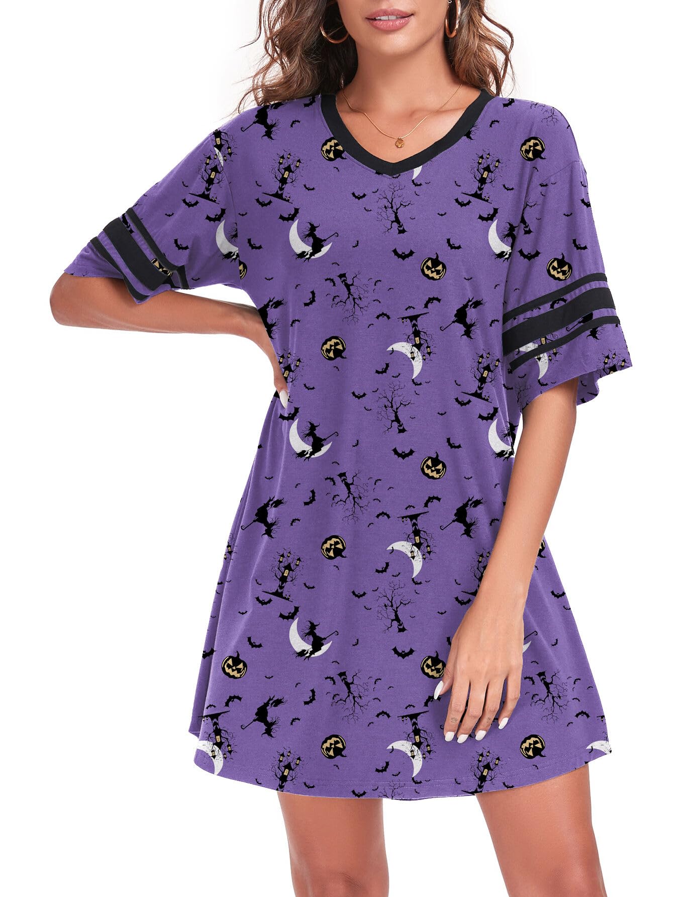 REGAI Women's Nightgown Short Sleeve V Neck Nightshirt Casual Sleepwear, Halloween Purple, XXL