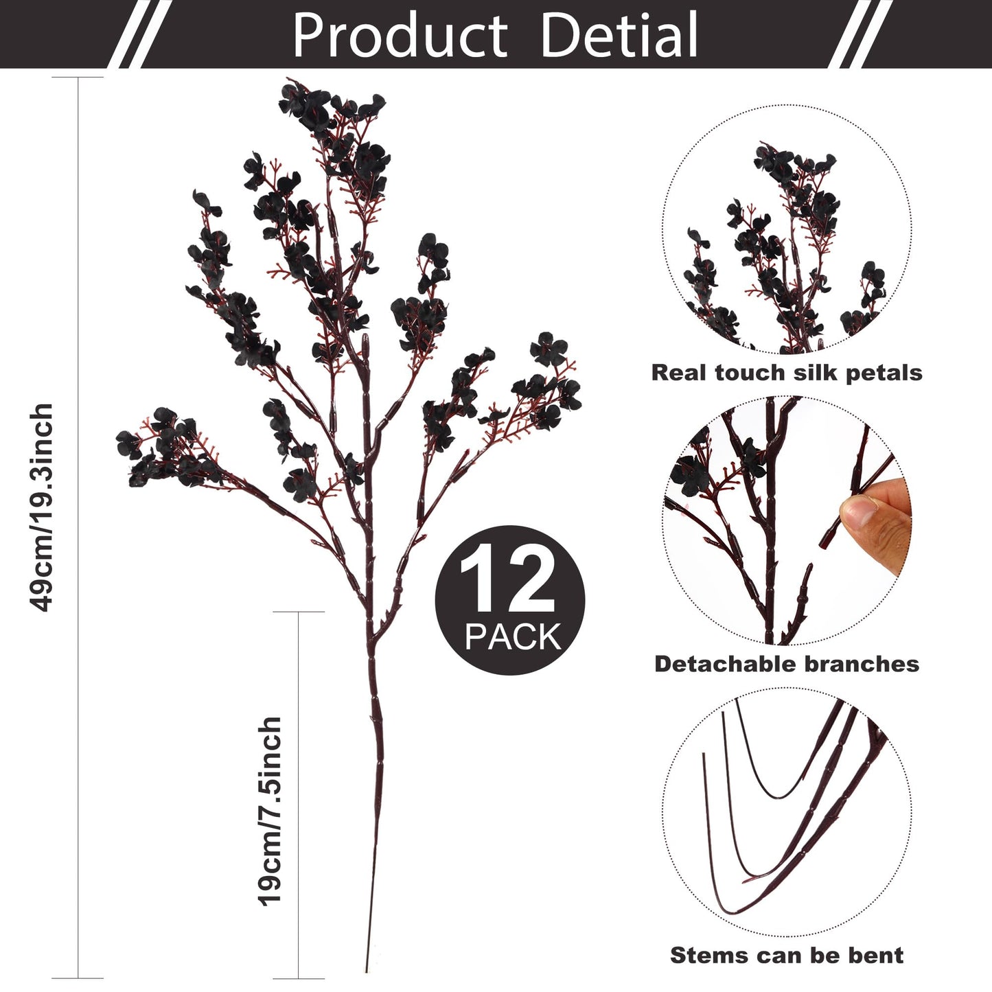 LYDTICK 12 Pcs Halloween Flowers Artificial for Decoration, Babys Breath Artificial Flowers Black Fake Flowers Gypsophila Bouquet for Home Centerpiece Table Décor