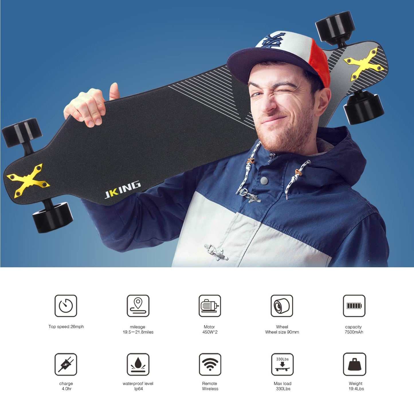 Electric Skateboard Electric Longboard with Remote Control Electric Skateboard,900W Hub-Motor,26 MPH Top Speed,21.8 Miles Range,4 Speed Adjustment,Max Load 330 Lbs,6 Months Warranty