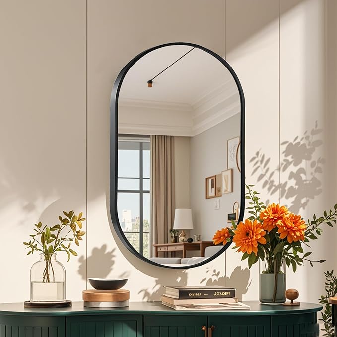 26x38 inch Oval Bathroom Mirror, Black Vanity Wall Mirror with Brushed Metal Frame, Oval Mirrors for Bathroom, Entryway, Over Sink, Living Room