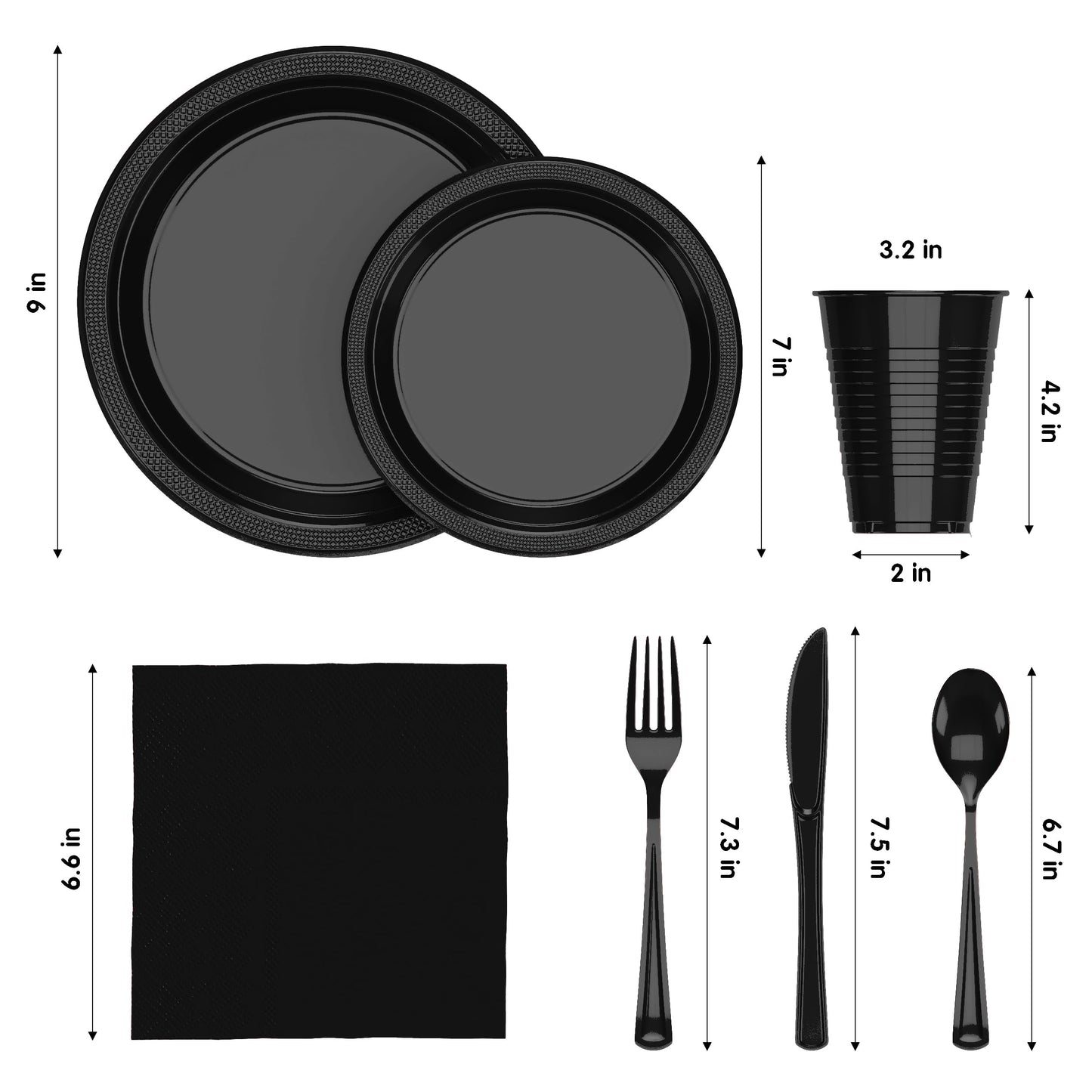 350 Pcs Black Plastic Plates For Party, Black Disposable Plates Set, 50 Of Each 9" Dinner Plate Set, 7" Dessert Plate, Cups, Napkins & Cutlery Plastic Dinnerware Party Solids