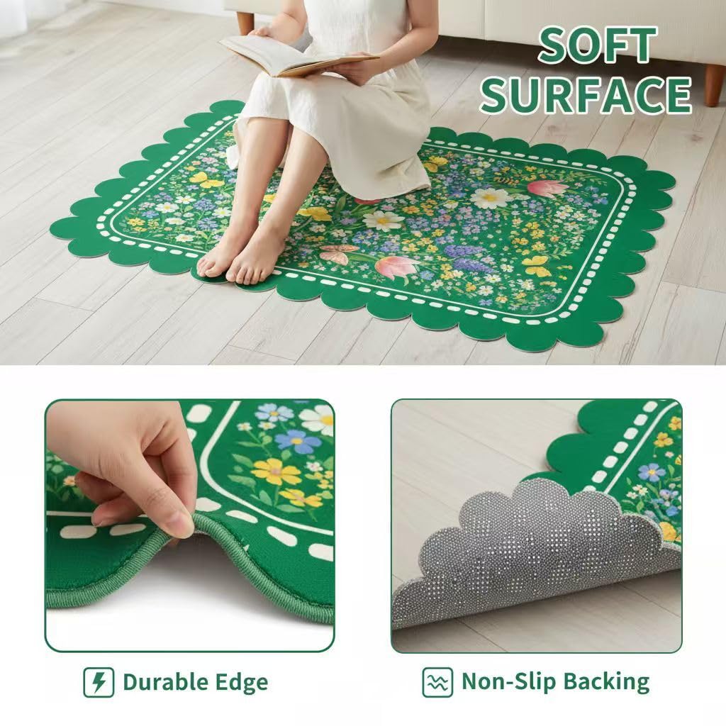 FVPSORBAT Pink Floral Washable Rugs 3x5 Scalloped Edge Rug Modern Geometric Border Flower Rugs for Living Room Bedroom Guestroom Farmhouse Nursery College Dorm Office Lightweight Non Slip Area Rug