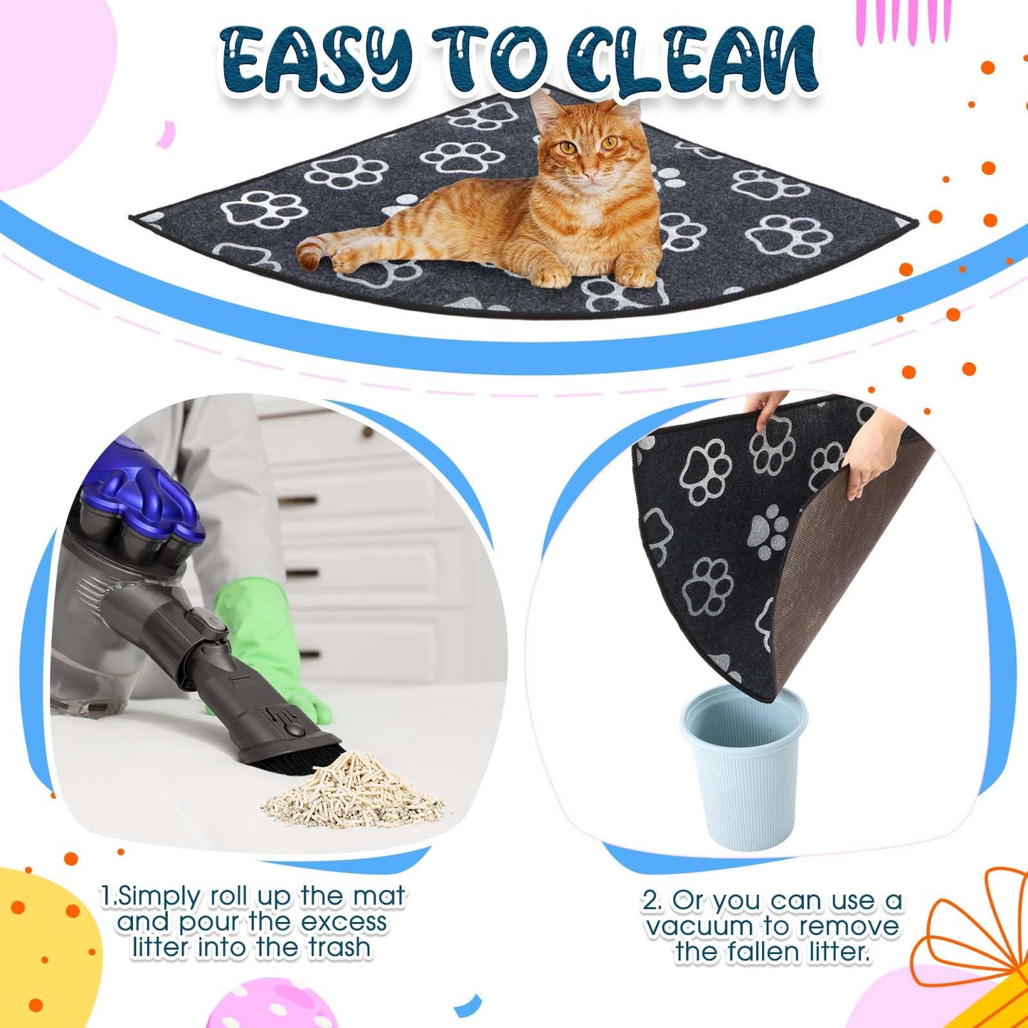 Drydiet Corner Cat Litter Mat for Small Boxes, 29" x 29" Fan-shaped Kitty Litter Trapping Mat Cute Paw Pattern with Waterproof Non-slip Backing, Machine Washable, Urine Proof