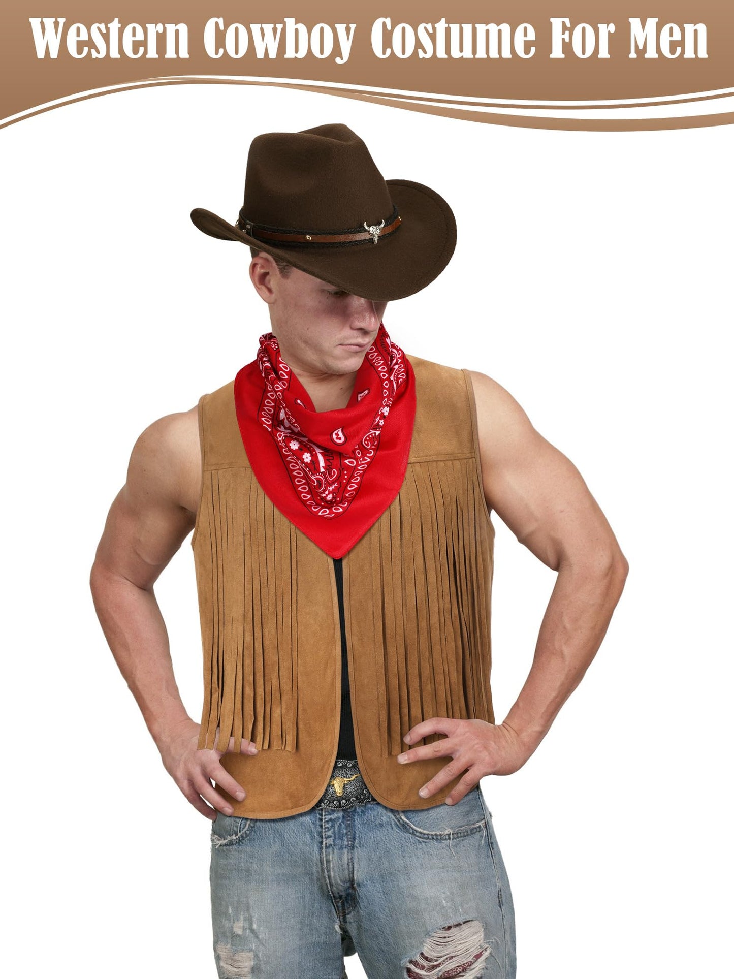 Toulite 4 Pcs Western Outfits for Men Cowboy Tassel Vest Hat Belt Buckle Paisley Bandana for Halloween Cosplay (Brown, Coffee, Red,Large)