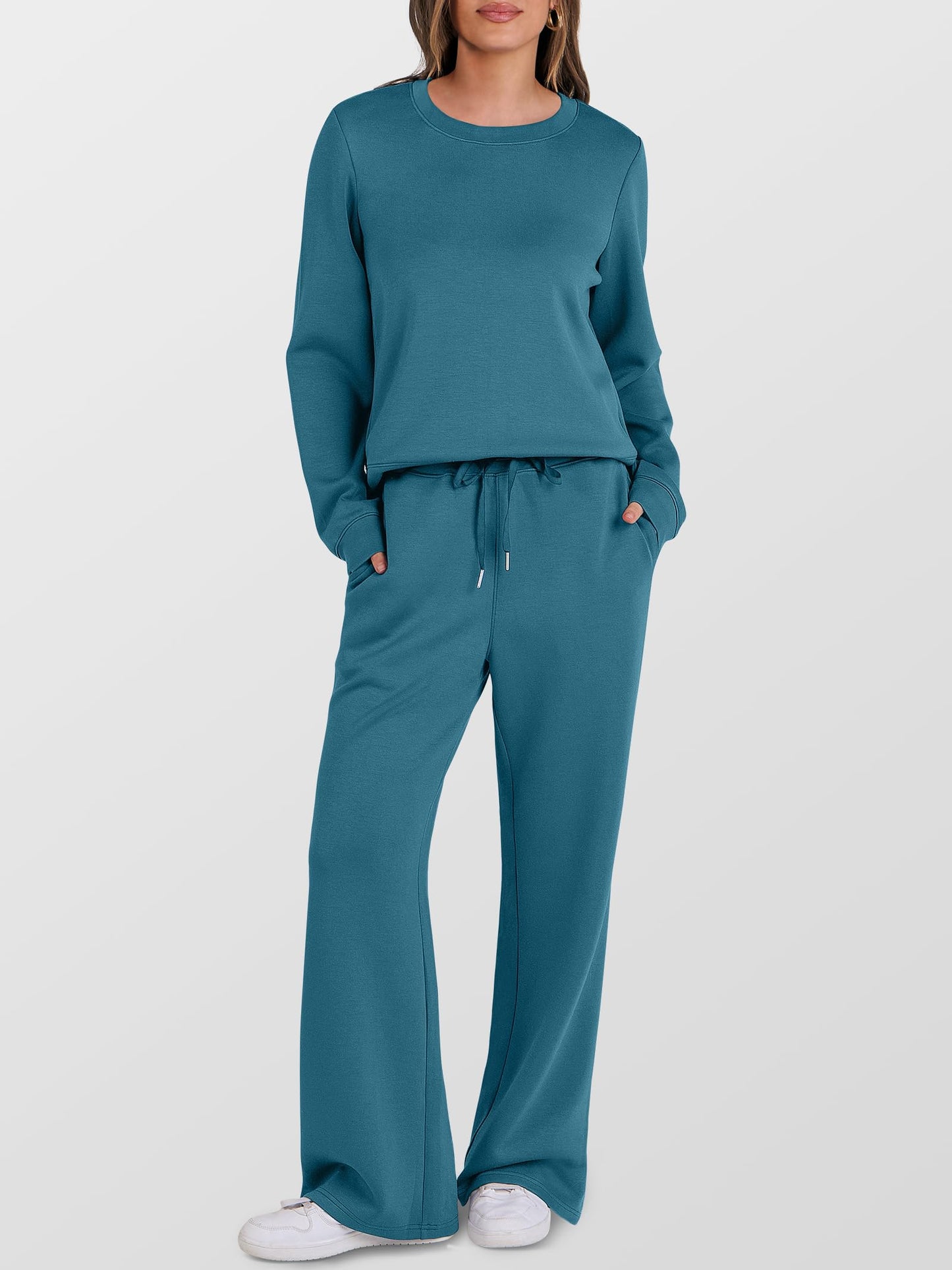 ANRABESS Women's 2 Piece Lounge Sets Casual Travel Outfits Wide Leg Tracksuit Sweatsuits Matching Set 2025 Fall Clothes Teal Medium